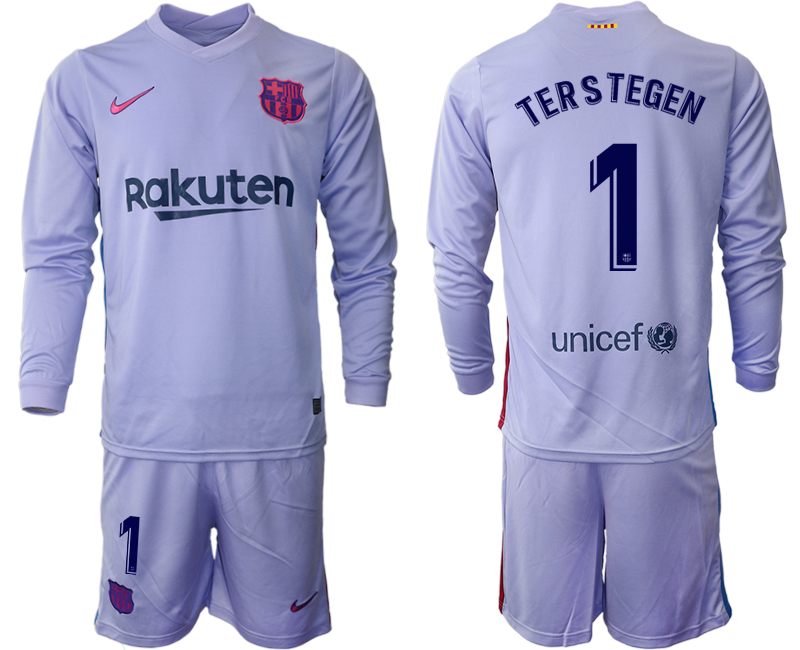 Men 2021-2022 Club Barcelona Second away purple Long Sleeve #1 Soccer Jersey->barcelona jersey->Soccer Club Jersey